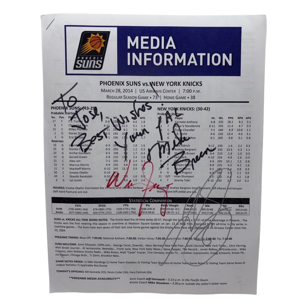 NBA Phoenix Suns NY Knicks 2014 Media Signed by Mike Breen Walt Frazier JR Smith